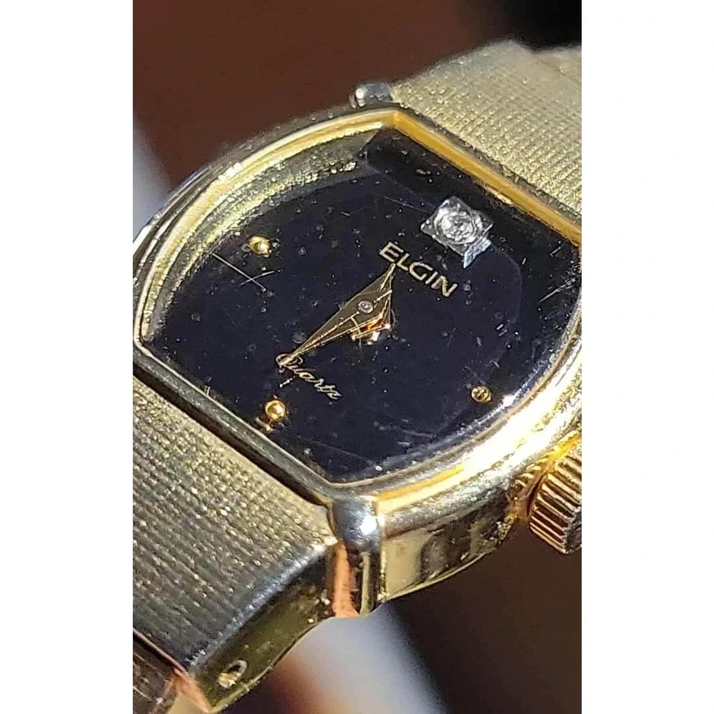 Elgin EK228-008 Quartz Women's Gold Tone Black Face Diamond Accent‎ Tank Watch
